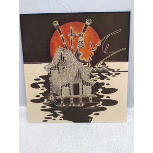 Vintage Asian style boathouse fabric art print on board